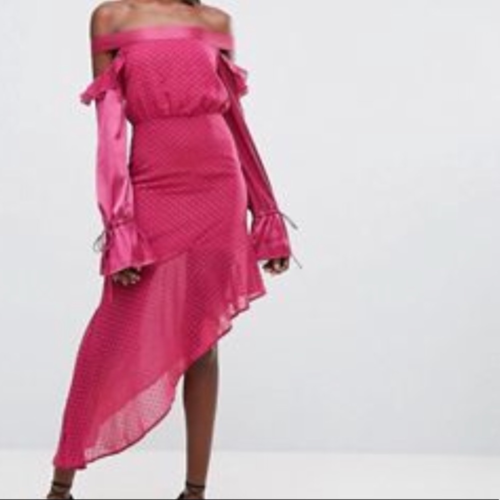 Asymmetric Pink satin sleeve dotted dress